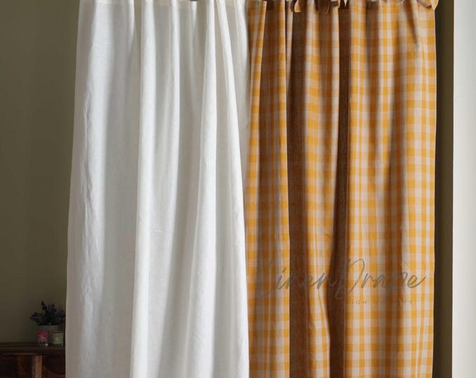 NATURAL Linen Gingham Curtains – Yellow Checkered Farmhouse Drapes, Multiple Hanging Styles (Rod Pocket, Tab Top, Tie Top & More)