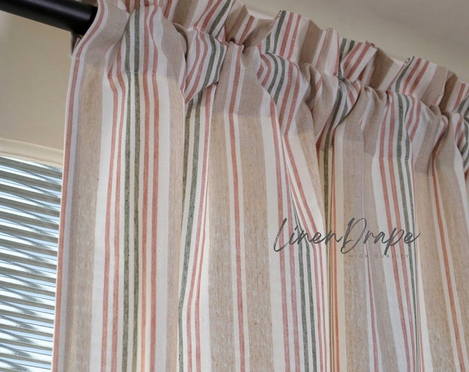Colorful Striped Linen Curtains – Farmhouse Window Drapes – Rod Pocket, Back Tab, Tie Top Options  – Boho Cottage core Curtain Panels