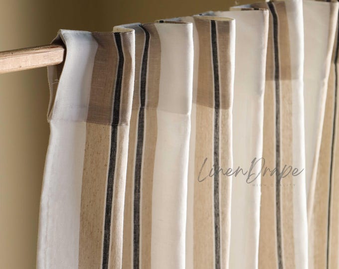 Neutral Striped Linen Curtains – Farmhouse Drapes in Custom Sizes, Rod Pocket, Tab Top, Tie Top, Back Tab & More – Soft Natural Window Panel