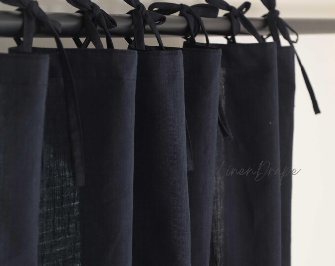 Handmade Linen Curtains – Black Tab Top Drapes, Tieback boho curtains, Rustic Farmhouse Window Treatment, Custom Sizes
