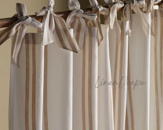 Handmade Linen Striped Curtains – Rustic Farmhouse Drapes, Multiple Hanging Styles (Rod Pocket, Tie Top, Tab Top with Ribbons & More)