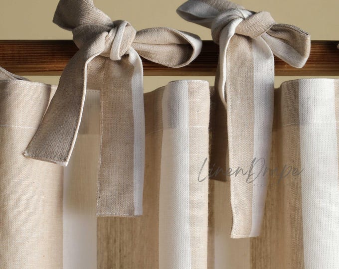 Rustic Linen Curtains – Handmade Striped Farmhouse Drapes, Custom Window / Door Panels in Rod Pocket, Tie Top, Tab Top with Ribbons & More