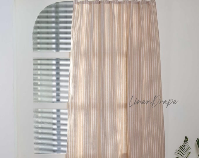 Blackout Linen Curtains natural beige stripe linen curtains, tie top tab top rod pocket, blackout privacy window