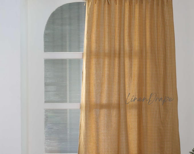 Blackout Linen Curtains, Yellow Gingham Linen with Sheer, Privacy Blackout Linings, 53" Width, Custom Length, Perfect for Home Decor Gift
