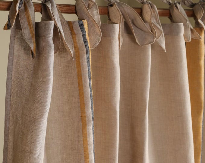 NATURAL Linen Blackout Curtain Panel – 53” Wide Striped Drapes with Sheer, Privacy & Blackout Options Custom Tie Top Styles for Window Decor