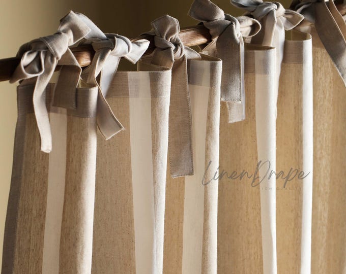 Stripe Natural Linen Curtains – Handmade Farmhouse Drapes, Custom Window / Door Panels in Rod Pocket, Tie Top, Tab Top with Ribbons & More