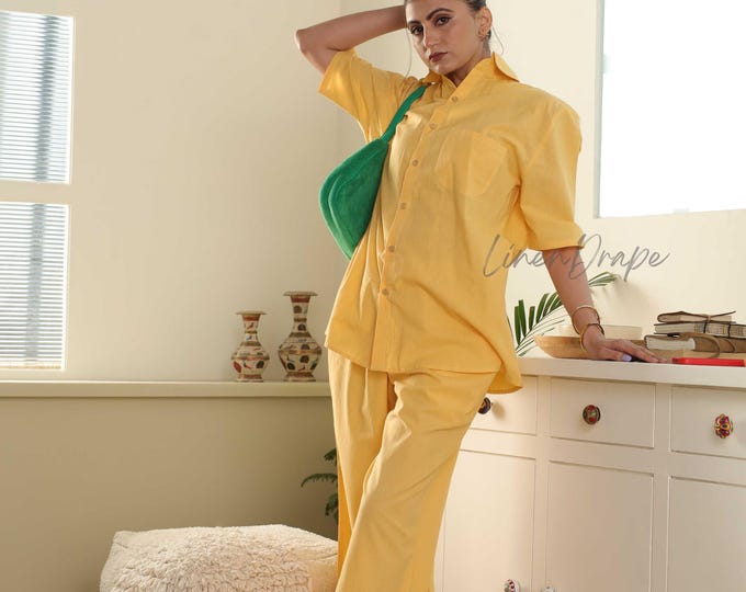 Linen Co-ord Set for Women | Oversized Shirt, Wide-Leg Pants | Breathable Linen Outfit | Casual & Elegant Two-Piece Set