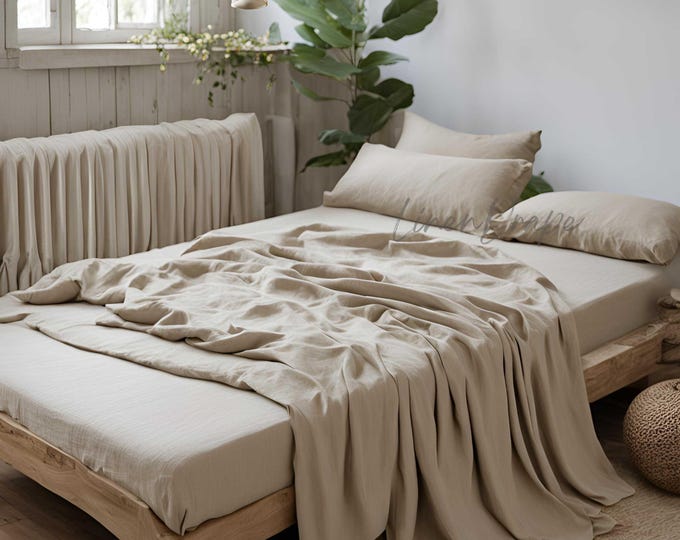 Natural Linen Bed Sheet Set – 100% Pure Flax Linen Fitted Sheet, Flat Sheet & Pillowcase Set in Soft Neutral Tones – Breathable Bedding