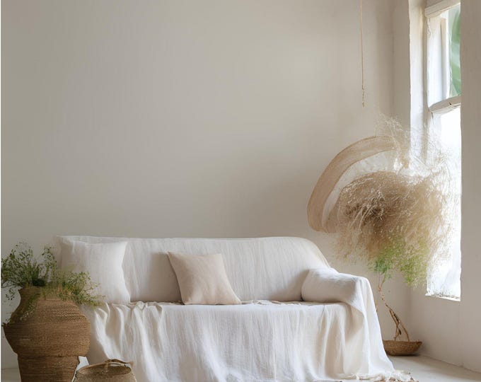 white linen Couch Cover. Natural Linen sofa throw. Natural Sofa Cover. Linen Couch Throw. Linen Coverlet. loose Slipcover, loose sofa cover