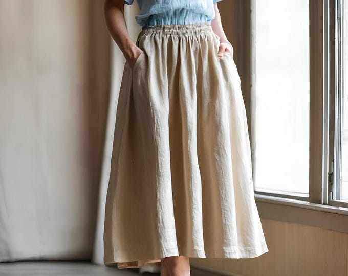 Linen Midi Skirt with Pockets – Elastic Waist A-Line Skirt, Flowy & Lightweight, Handmade Sustainable Clothing Casual Summer Skirt for Women