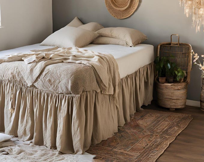Custom Linen Bed Skirt – Handmade Tailored Dust Ruffle, Elegant Natural Bedding for All Bed Sizes