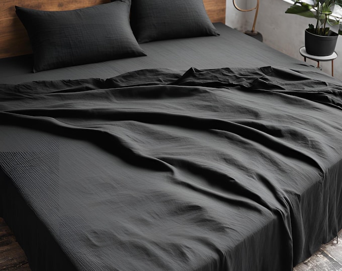 Luxury Black Linen Bedding Set – 100% Flax Linen Duvet Cover, Fitted Sheet, Flat Sheet Soft, Breathable Deep Pocket – Bed Linen in All Sizes
