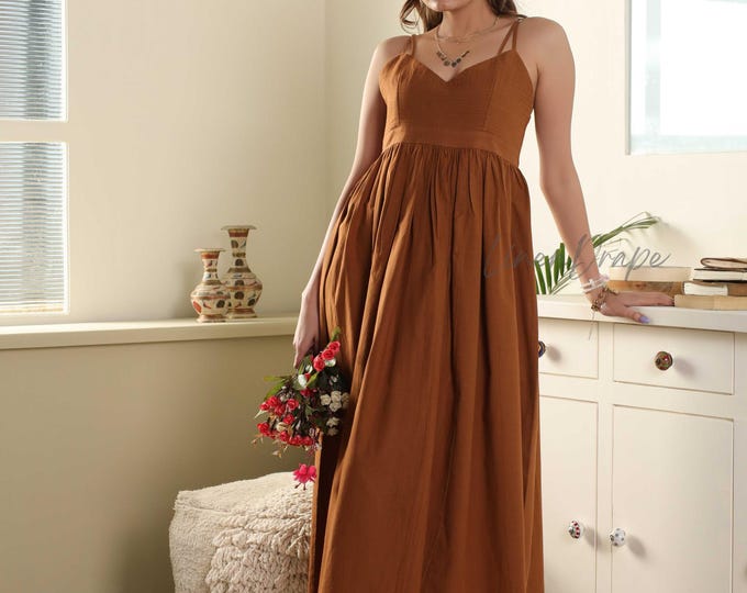 Handmade Yellow Linen Midi Dress – Flowy Spaghetti Strap Sundress – Boho A-Line Dress – Summer Vacation Outfit – Cottagecore Dress