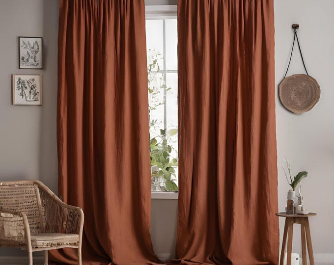 Rust Tieback Rustic linen curtain panels in custom sizes for doors, windows, kitchens, and living spaces