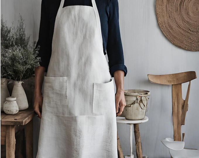 Natural Linen Full Apron with Pockets – Soft Custom Color Linen Kitchen Apron for Women & Men