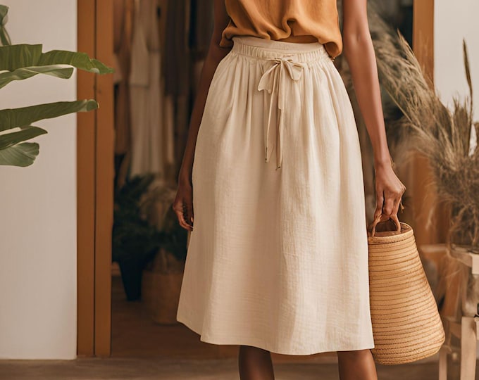 Handmade Linen Midi Skirt with drawstring – Elastic Waist A-Line Skirt with Pockets, Light & Flowy, Casual Boho Skirt for Women
