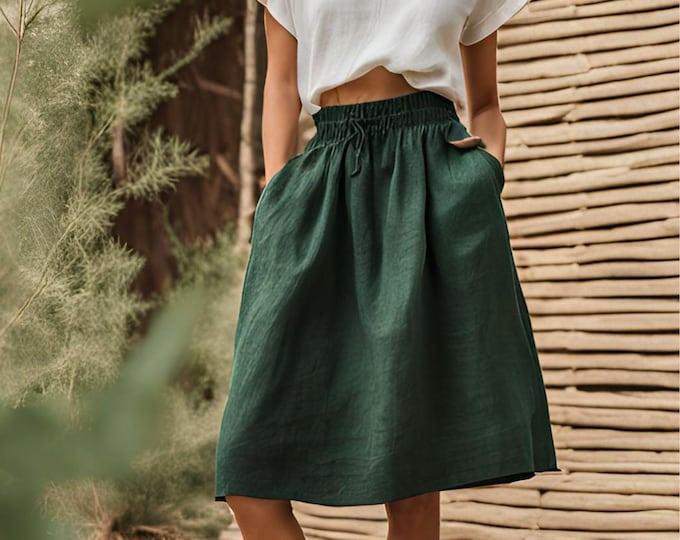 Linen Midi Skirt with Drawstring and Pockets – Elastic Waist A-Line Skirt, Flowy & Lightweight, Handmade Casual Skirt for Women