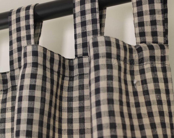 Handmade Linen Gingham Check Curtains – Rustic Farmhouse Style, Black and White, Tab Top, Tieback Drapes, Custom Sizes Available