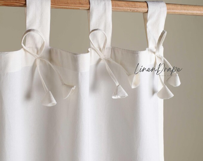 White Linen Curtains with Ribbon Tab Top, Elegant Handmade Curtain Panels for Living Room, Bedroom & Kitchen–Farmhouse Boho Window Treatment