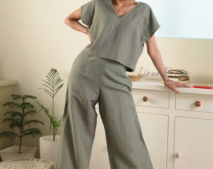 Linen Co-Ord Set for Women – Customizable Two-Piece Outfit with V-Neck Top & Wide-Leg Pants – Minimalist Summer Lounge Set