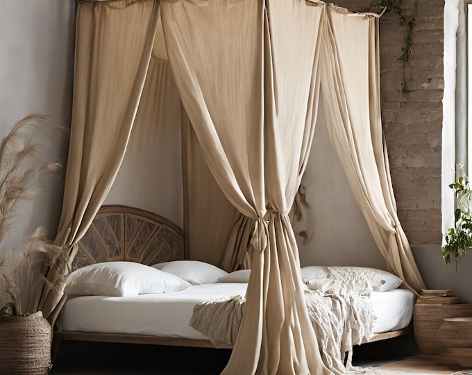 Stonewashed Linen Canopy Bed Curtains | Tie-Top Drapes for Canopy Beds | Breathable and Softened Linen Panels | 1 Linen Curtain Panel