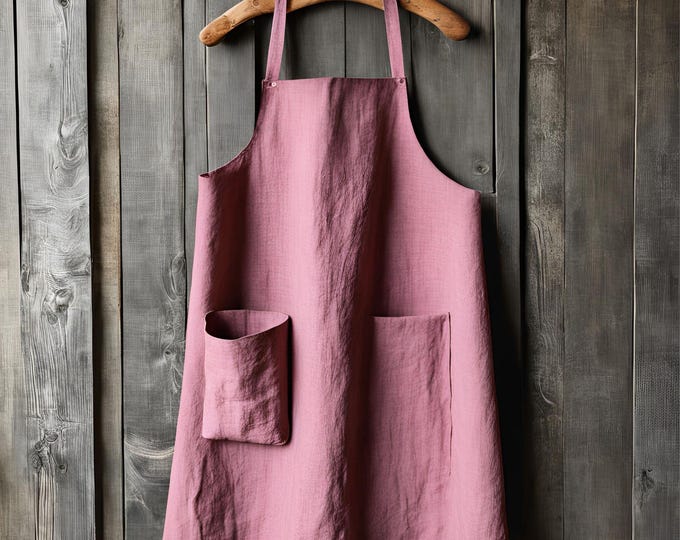 Natural Linen Apron with Pockets – Eco-Friendly Full-Length Kitchen Apron,  Soft Linen Apron for Women Men, Sustainable Cooking Apron