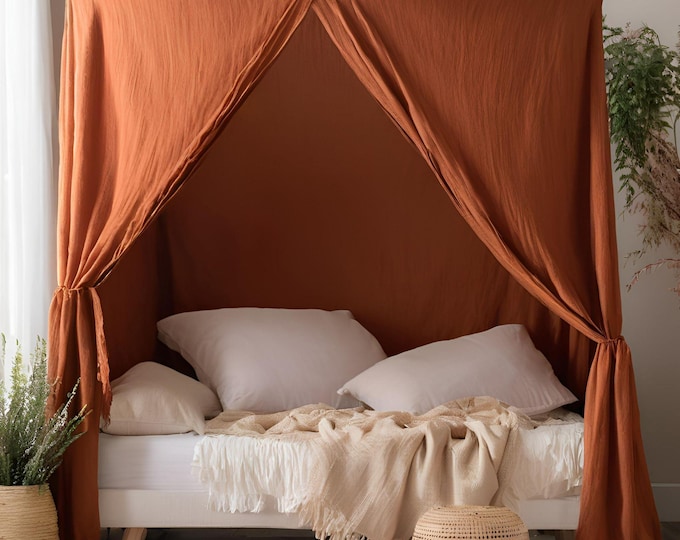 Luxury Linen Canopy Curtains | Tie-Top Bed Drapes | Stonewashed Linen Panels for Canopy Beds | 1 Curtain Panel Included