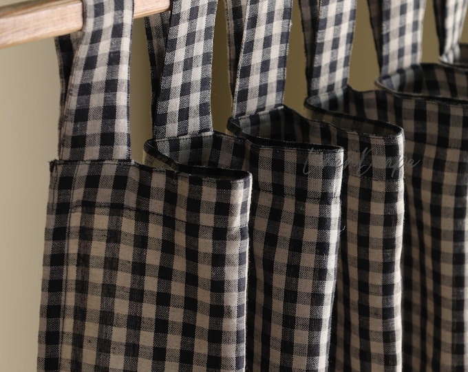 Blackout Linen Curtains 53" wide black gingham linen, sheer & blackout lining options, tie top, tab top or rod pocket, for light control