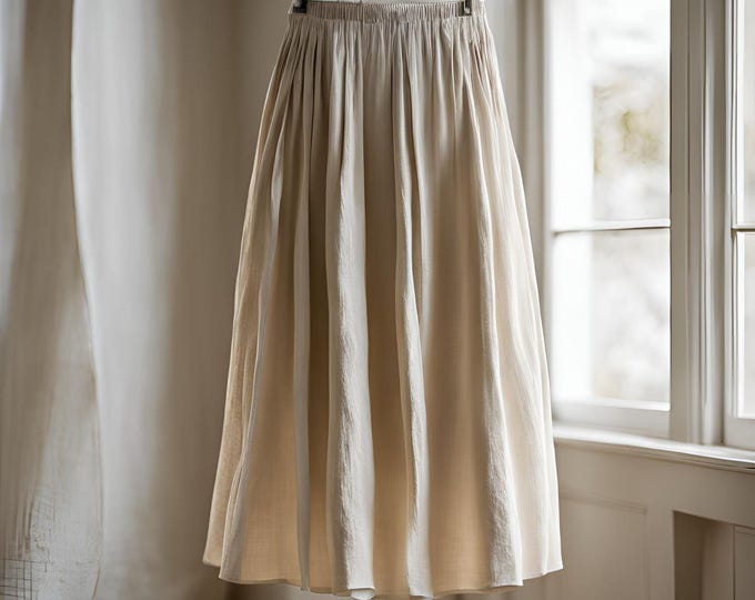 Linen Midi Skirt with Pockets – Elastic Waist A-Line Skirt, Casual & Flowy, Handmade, Summer Skirt for Women, Multiple Colors Available