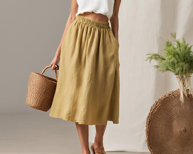 Handmade Linen Midi Skirt – Elastic Waist A-Line Skirt with Pockets, Light & Flowy, Casual Boho Skirt for Women, Multiple Colors Available