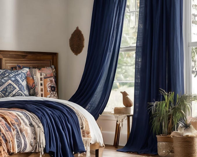 Linen Blue Curtains - Tieback, Tab Top, Rod Pocket | Handmade Curtain Panels, hippie Cafe Shower Curtains | Farmhouse & Boho Décor"