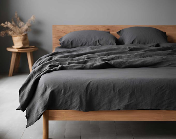 Charcoal Grey Linen Bedding – 100% Flax Linen Duvet Cover, Fitted Sheet, Flat Sheet & Pillowcases – Soft, Breathable Luxury Bedding