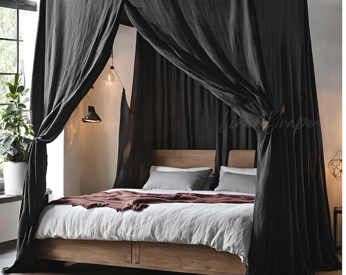 Tieback Linen Canopy Bed Curtains | Stonewashed Linen Drapes | Tie-Top Canopy Panels | Breathable & Softened Linen | 1 Panel Included