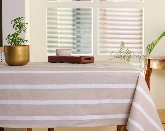Custom Linen Table Runner or Tablecloth | Striped Natural Linen | Farmhouse Rustic Table Decor | Neutral Table Linen | Made to Order