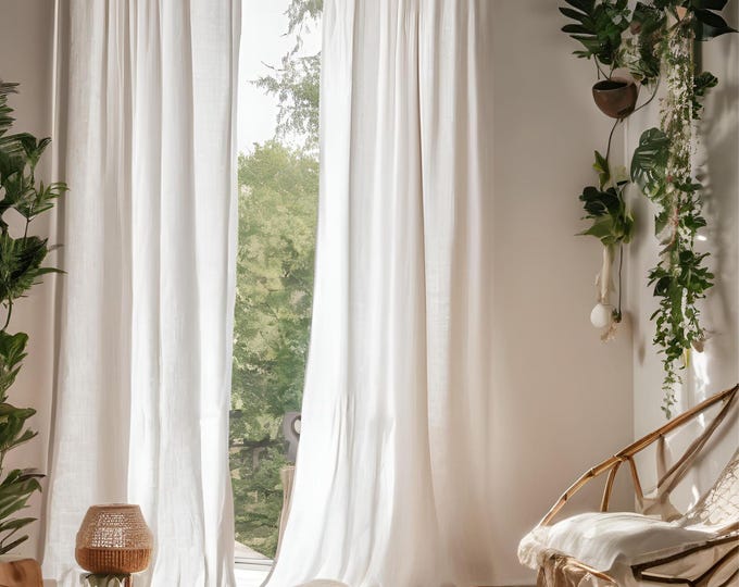 White Linen Curtains - Tieback, Tab Top, Rod Pocket | Handmade Curtain Panels, hippie Cafe Shower Curtains | Farmhouse & Boho Décor"
