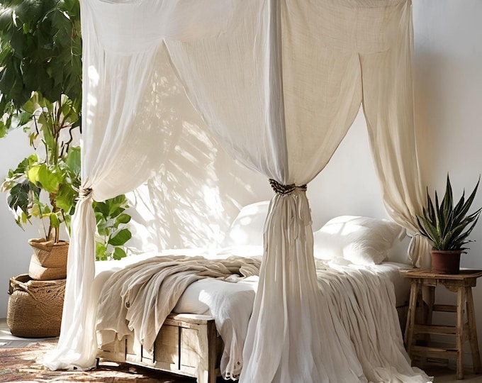 Linen Canopy Drape | Canopy Bed Curtains with Top Ties | Linen Bed Curtain Panel for Canopy Beds | 1 Linen Panel"