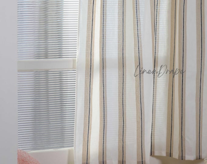 Blackout Linen Curtains, Stylish White Blue Stripe Linen with Tie, Tab, Rod Pocket Options, Block Light & Add Privacy, Interior Gift