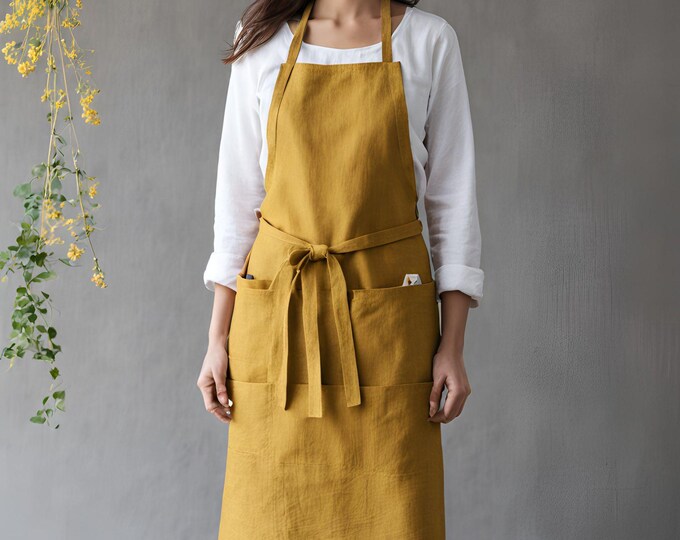 Natural Linen Apron with Pockets – Full-Length Soft Kitchen Apron, Custom Color Apron for Women & Men, Handmade Sustainable Cooking Apron