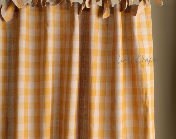 Yellow Gingham Linen Curtains – Handmade Farmhouse Drapes, Custom Window Panels in Rod Pocket, Tab Top, Tie Top & More