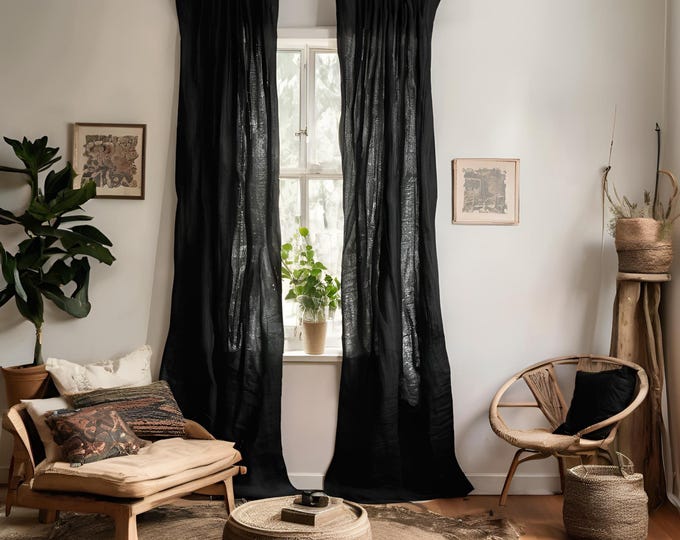 Linen Curtains – Tie Top, Tab Top, Rod Pocket | Natural Flax Drapes for Living Room, Bedroom | Light Filtering Farmhouse Curtain Panel