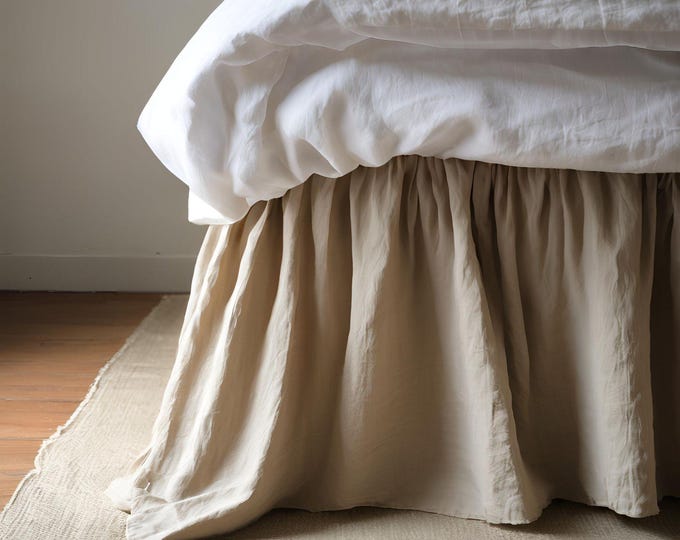 Linen Dust Ruffle Bed Skirt, Stone Washed Queen King Twin Full Double Natural Organic European Flax Bedskirt with extra large pocket