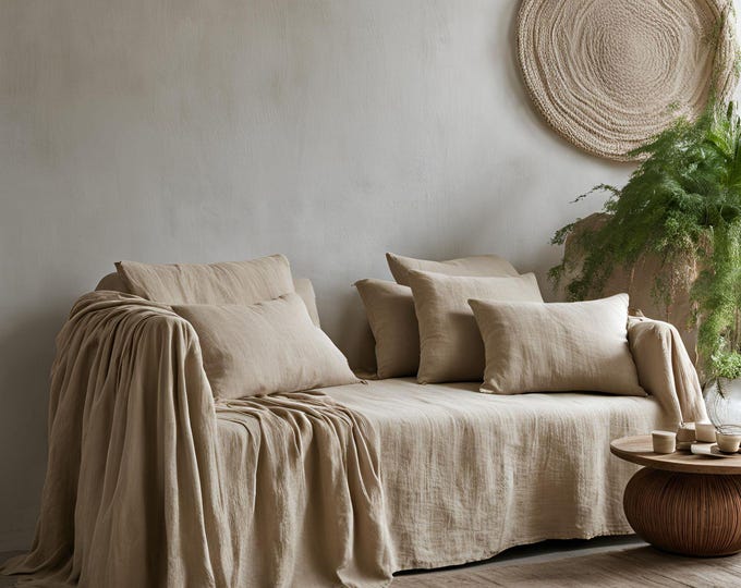 Handmade Linen Sofa Cover - Couch Cover, Sofa Throw Blanket, Farmhouse Decor, Boho Linen Bedspread, Waffle Sofa Cover, throw and Blanket