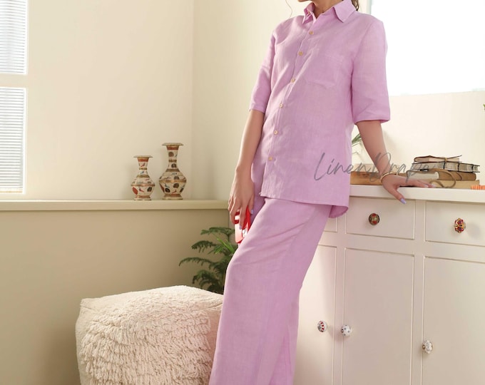 Linen Two-Piece Set | Oversized Button-Down Shirt & Wide-Leg Pants | Women’s Minimalist Outfit | Casual Lounge Wear | Summer Linen Clothing