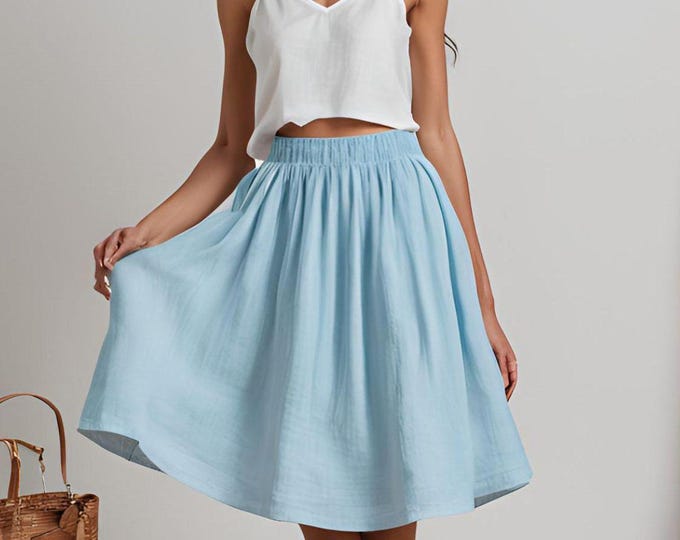 Linen Midi Skirt with Pockets – Elastic Waist A-Line Skirt, Casual & Flowy, Handmade, Summer Skirt for Women, Multiple Colors Available