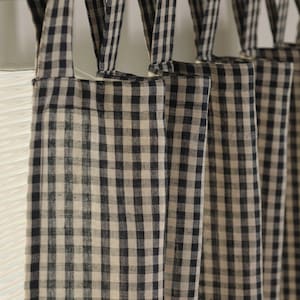 Zasłony lniane w kratkę Gingham na zamówienie – zasłony w czarno-białą kratkę Farmhouse, wiele stylów wieszania (kieszenie na drążek, zakładka u góry, zakładka z tyłu, wiązanie u góry)