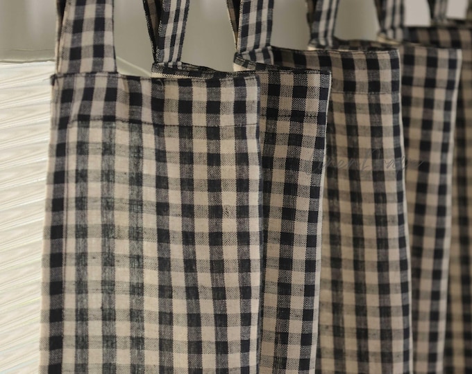 Custom Linen Gingham Curtains – Farmhouse Black & White Check Drapes, Multiple Hanging Styles (Rod Pocket, Tab Top, Back Tab, Tie Top)
