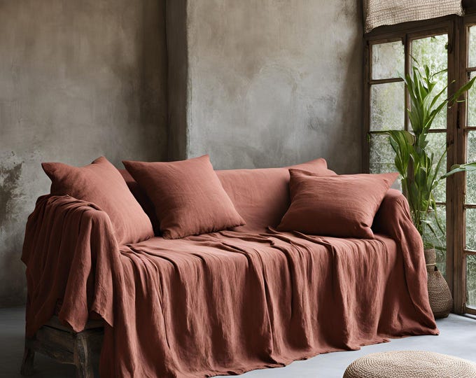 Stonewashed soft Linen sofa Cover. Natural Linen sofa throw. Linen Couch Throw. Linen Coverlet. loose Slipcover, large loose sofa cover