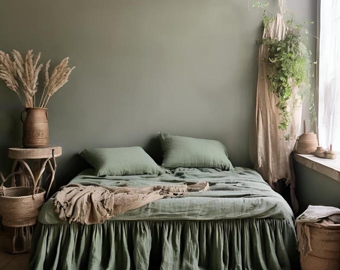100% Linen Bed Skirt – Muted Green Custom Size Handmade Dust Ruffle, Farmhouse & Minimalist Bedding Decor