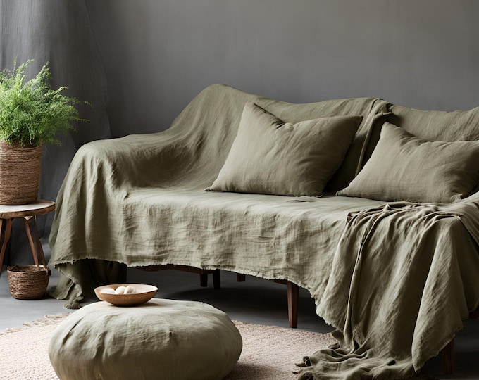 Boho Stonewashed soft Linen sofa Cover. Natural Linen sofa throw. Linen Couch Throw. Linen Coverlet. loose Slipcover, large loose sofa cover