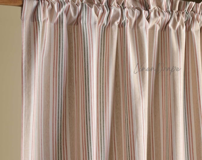 Rustic Linen Striped Curtains – Handmade Farmhouse Drapes, Custom Window Panels in Rod Pocket, Tie Top, Tab Top & More